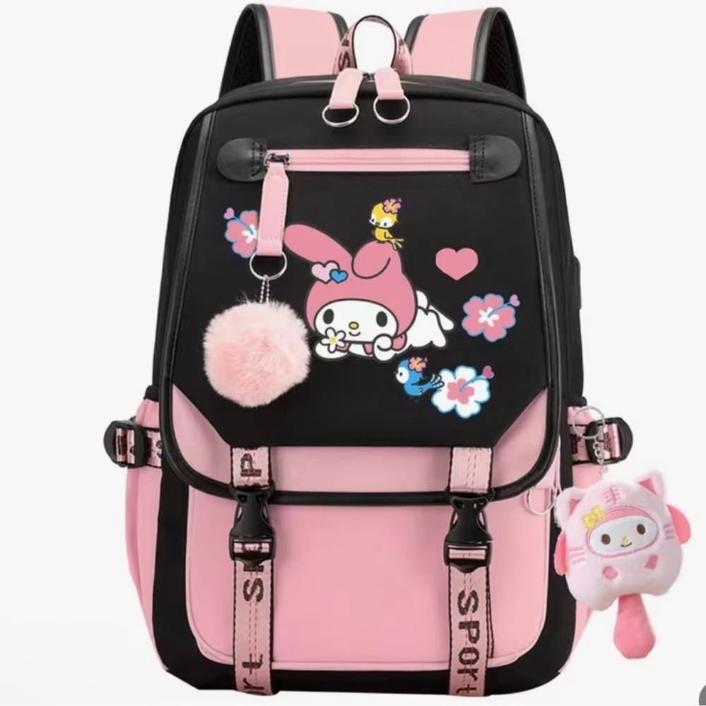 My Melody Backpack USB Charge Laptop Backpack Rucksack Travel Bag w Plush Charms - Picture 16 of 17